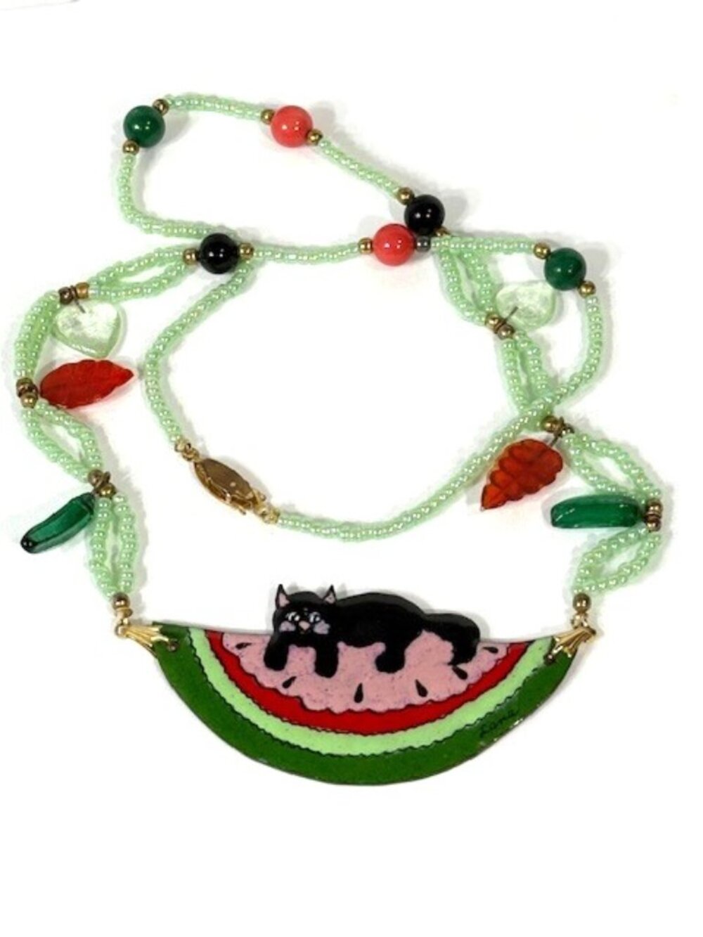 Handpainted signed metal and bead black cat necklace.